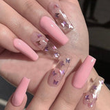 L5 Machine Press on Nails 24Pcs Pink transparent butterfly Coffin Ballerina Long False Nails