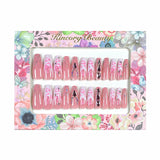 L112 Machine Press on Nails 24Pcs Pink French Love Diamond Coffin Ballerina Long False Nails