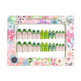 M113 Machine Press on Nails 24Pcs Green French Love Stars Almond Medium False Nails