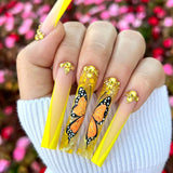 L113 Machine Press on Nails 24Pcs Yellow French Butterfly Coffin Ballerina Long False Nails