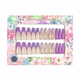 L118 Machine Press on Nails 24Pcs Purple French Sparkling Pink Line Coffin Ballerina Long False Nails