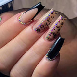 L119 Machine Press on Nails 24Pcs Black diamond leopard print Coffin Ballerina Long False Nails