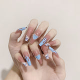 L7 Machine Press on Nails 24Pcs Blue pink love pearl flame Coffin Ballerina Long False Nails