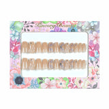 M129 Machine Press on Nails 24Pcs Brown Sparkling Pink Flower Diamond Coffin Medium False Nails