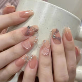 M129 Machine Press on Nails 24Pcs Brown Sparkling Pink Flower Diamond Coffin Medium False Nails