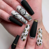 L1 Machine Press on Nails 24Pcs Black white butterfly leopard print diamond Coffin Ballerina Long False Nails