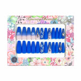 L16 Machine Press on Nails 24Pcs Blue Flower Water Drop Diamond Coffin Ballerina Long False Nails