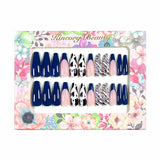 L37 Machine Press on Nails 24Pcs Blue French Cow Stripes Coffin Ballerina Long False Nails