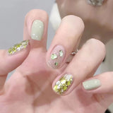 S48 Machine Press on Nails 24Pcs Green Sparkling Pink Love Crushed Diamond Square Squoval Short False Nails