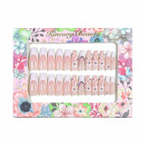 L50 Machine Press on Nails 24Pcs White French Flower Diamond Coffin Ballerina Long False Nails