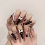 L31 Machine Press on Nails 24Pcs Black Flower White Bow French Coffin Ballerina Long False Nails