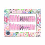 L51 Machine Press on Nails 24Pcs Pink Butterfly Cherry Line Coffin Ballerina Long False Nails