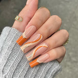 L32 Machine Press on Nails 24Pcs Orange French Line Coffin Ballerina Long False Nails