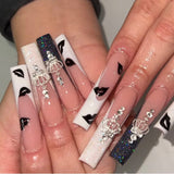 L33 Machine Press on Nails 24Pcs White French Black Lipprint Crown Coffin Ballerina Long False Nails