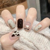 S57 Machine Press on Nails 24Pcs White and black cow striped love pearls Round Short False Nails
