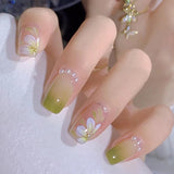 S59 Machine Press on Nails 24Pcs Green gradient flower pearl Square Squoval Short False Nails