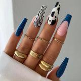 L37 Machine Press on Nails 24Pcs Blue French Cow Stripes Coffin Ballerina Long False Nails