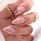 M90 Machine Press on Nails 24Pcs Pink gold line leopard print Almond Medium False Nails