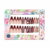 L6 Machine Press on Nails 24Pcs Brown diamond French stripe Coffin Ballerina Long False Nails