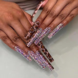 L63 Machine Press on Nails 24Pcs Brown leopard print diamond Coffin Ballerina Long False Nails