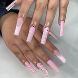 L65 Machine Press on Nails 24Pcs Pink French Love Diamond Coffin Ballerina Long False Nails