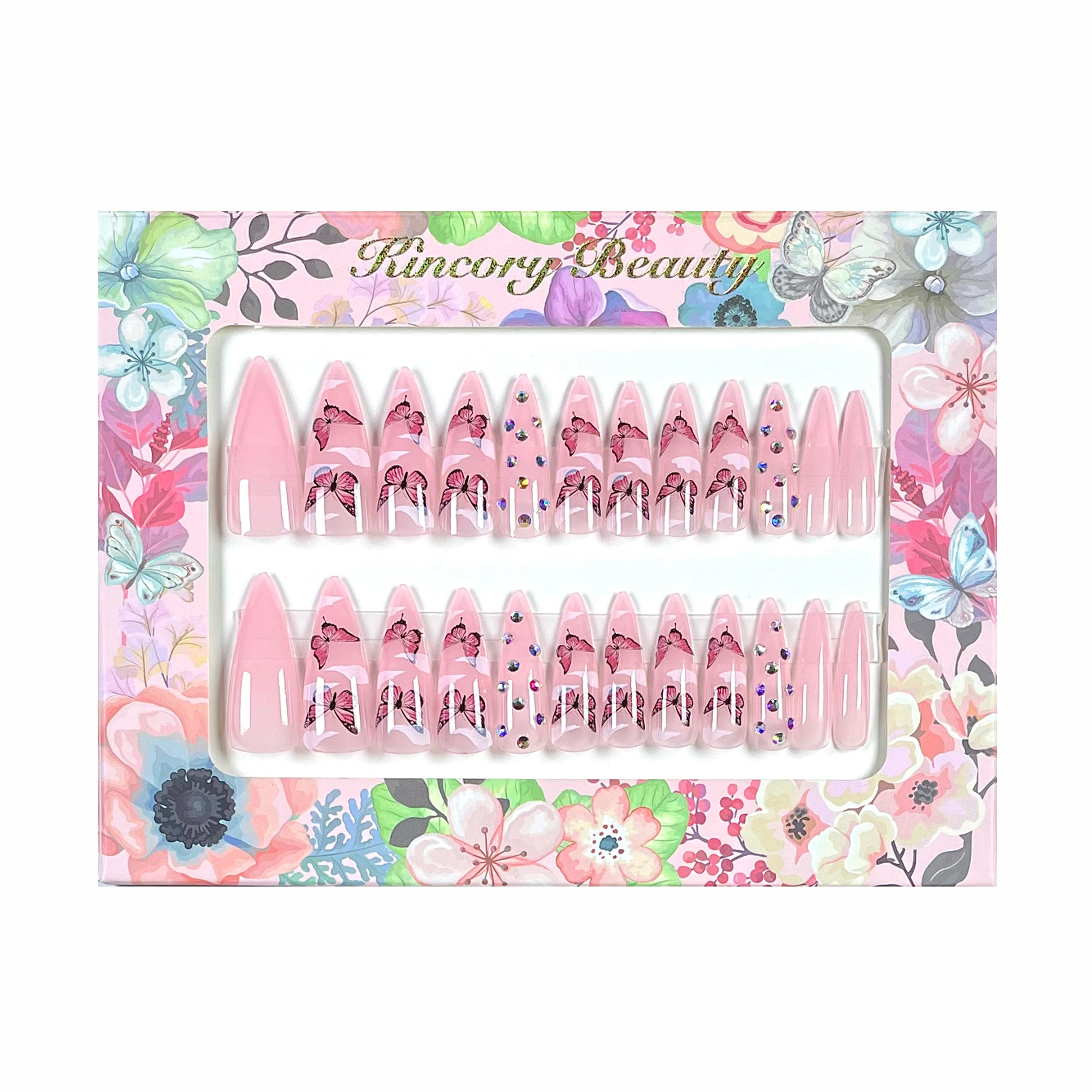 L97 Press on Nails 24Pcs long Reusable Waterproof coffin hot pink