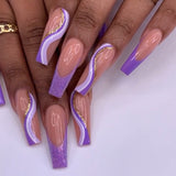 L118 Machine Press on Nails 24Pcs Purple French Sparkling Pink Line Coffin Ballerina Long False Nails