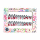 M75 Machine Press on Nails 24Pcs Silver French Red Star Almond Medium False Nails