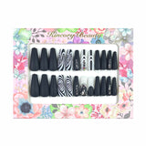 L76 Machine Press on Nails 24Pcs Black white patterned diamonds Coffin Ballerina Long False Nails