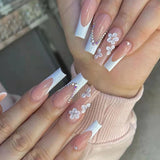 L50 Machine Press on Nails 24Pcs White French Flower Diamond Coffin Ballerina Long False Nails