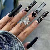 L57 Machine Press on Nails 24Pcs Black clover butterfly lines Coffin Ballerina Long False Nails