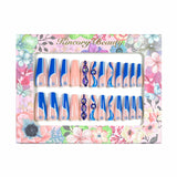 L99 Machine Press on Nails 24Pcs Blue line diamond eyes Coffin Ballerina Long False Nails