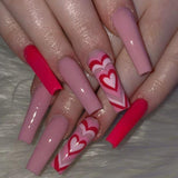 L74 Machine Press on Nails 24Pcs Red pink hearts Coffin Ballerina Long False Nails