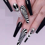 L76 Machine Press on Nails 24Pcs Black white patterned diamonds Coffin Ballerina Long False Nails