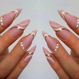 M64 Machine Press on Nails 24Pcs Pink gold line pearl Almond Medium False Nails