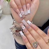 L95 Machine Press on Nails 24Pcs Pink French Flower Diamond Coffin Ballerina Long False Nails