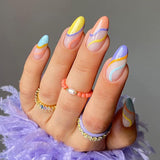 M33 Machine Press on Nails 24Pcs Colorful creative lines Almond Medium False Nails