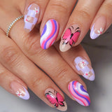 M48 Machine Press on Nails 24Pcs Colorful Butterfly Flower Grid Almond Medium False Nails