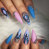 M59 Machine Press on Nails 24Pcs Purple blue symmetrical line diamond Almond Medium False Nails