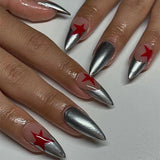 M75 Machine Press on Nails 24Pcs Silver French Red Star Almond Medium False Nails