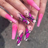 L71 Machine Press on Nails 24Pcs Pink Butterfly Coffin Ballerina Long False Nails