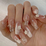 M3 Machine Press on Nails 24Pcs Pink stripes white flowers pearls sparkling pink Coffin Medium False Nails