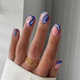 S18 Machine Press on Nails 24Pcs Blue pink French white lines Square Squoval Short False Nails