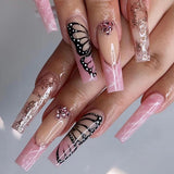 L48 Machine Press on Nails 24Pcs Pink French Orange Butterfly Diamond Coffin Ballerina Long False Nails